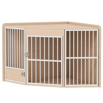 PawHut Cusca de colt pentru caine, masa auxiliara, cu usita rotativa, pentru caini mici si mijlocii 113 x 80 x 64 cm, stejar | Aosom Romania imagine