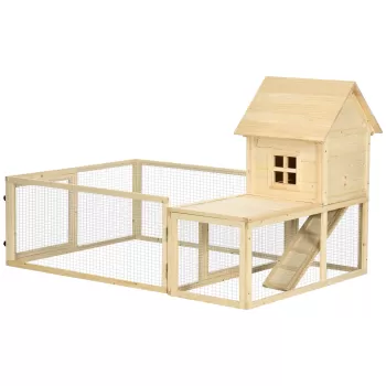 PawHut Cusca de interior din molid cu tava detasabila, 3 usi si zona exterioara, 151,5x106x97 cm, culoare lemn | AOSOM RO imagine