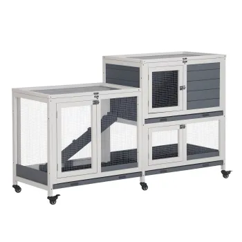 PawHut Cusca de Lemn cu Roti 147x45,5x88,5 cm Jaula pentru Iepuri de 2 Etaje cu Acoperis Deschis 2 Curti din Metal 3 Tavi Detasabile 3 Usi cu Sistem de Inchidere si Rampa Gri | Aosom Romania imagine