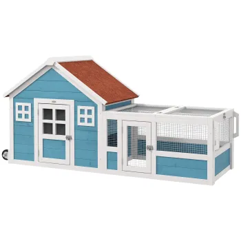 PawHut Cusca mare pentru iepuri cu 2 ferestre decorative roti 1 usa 1 rampa si acoperis asfaltat 162,5x59,2x77,6 cm Albastru | Aosom Romania imagine