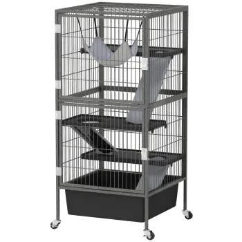 PawHut Cusca pentru Animale Mici cu 4 Niveluri, Rampe, Hamac si Roti, Gri | Aosom Romania imagine