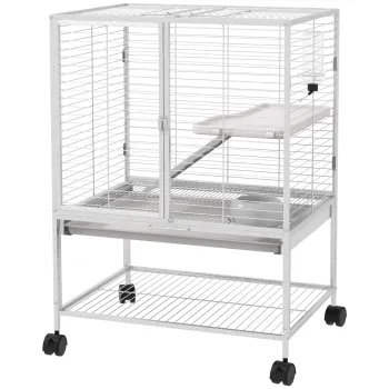 PawHut Cusca pentru animale mici pe roti 2 nivele cu 2 usi, 1 rampa, 1 raft de depozitare 61,5 x 44,5 x 86 cm gri | Aosom Romania imagine