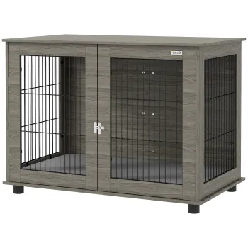 PawHut Cusca pentru caine 2 in 1 masa de cafea cu perna de plus detasabila usa blocabila 100 x 60 x 73,5 cm gri | Aosom Romania imagine