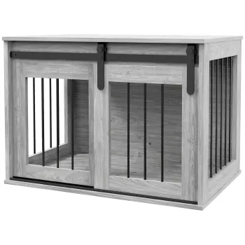 PawHut Cusca pentru caine animale de interior usa glisanta, metal cu efect lemn, dim. 57H x 80L x 54l cm | Aosom Romania imagine