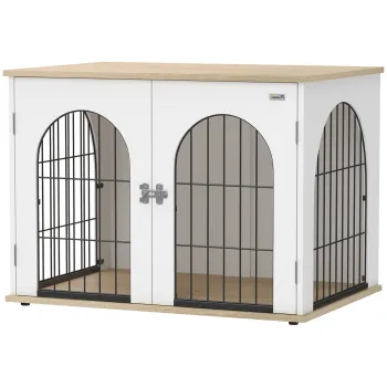 PawHut Cusca pentru Caine Mobilier Cusca pentru Caine de Interior Arc cu Usa Dubla ca Masa Auxiliara din Metal 80x56x59cm Alb | Aosom Romania imagine