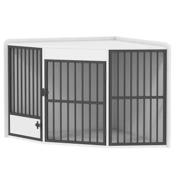 PawHut Cusca pentru caini, box de odihna pentru caini mici si medii, cutie pentru animale de companie, usa pentru hranire, MDF, metal, Alb | Aosom Romania imagine