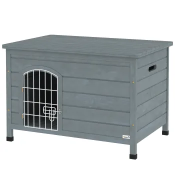 PawHut cusca pentru caini, casa pentru caini cu usa, cutie pentru caini, adapost pentru animale, lemn de brad, gri inchis | Aosom Romania imagine