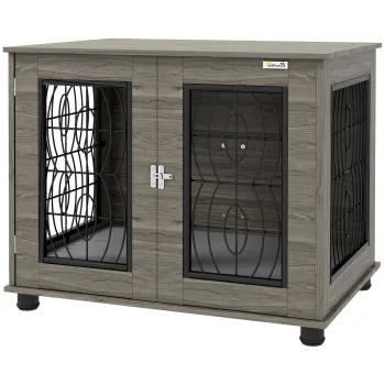 PawHut Cusca pentru caini cu perna, pana la 20 kg/50 cm lungime corporala, metal, 80x56x63cm, Gri/decor lemn | Aosom Romania imagine