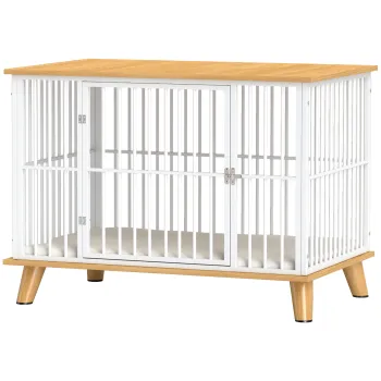 PawHut Cusca pentru caini cu usa cu inchidere, perna detasabila, buna ventilatie, otel, 86x60x70 cm, Alb+Gri | Aosom Romania imagine