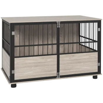 PawHut Cusca pentru caini de interior, masa laterala, 100 x 60 x 68 cm, locuinta, 3 usi blocabile, aspect de nuc negru | Aosom Romania imagine