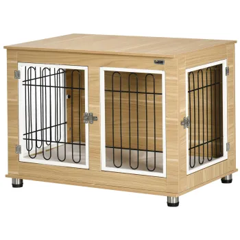 PawHut Cusca pentru Caini de Talie Medie si Mare cu 2 Usi Blocabile si Perna Lavabila, 90x58x65 cm, Stejar | Aosom Romania imagine