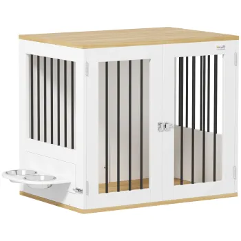 PawHut Cusca pentru caini, masa de cafea, boluri mobile rotative la 360?, 2 usi pentru caine de talie medie 80x55x71,5 cm alb | Aosom Romania imagine