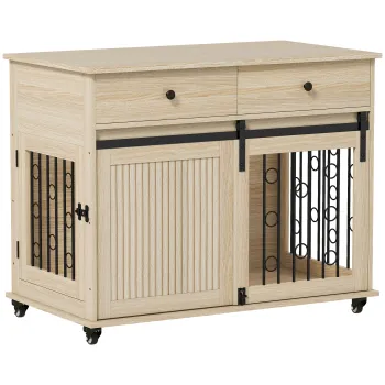 PawHut Cusca pentru caini pe roti, 2 usi, 2 sertare, pentru caini medii si mari, lemn, otel | Aosom Romania imagine