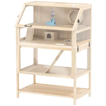 PawHut Cusca pentru hamster din lemn 3 etaje Cusca pentru rozatoare cu podea detasabila Raft Roata Balansoar Rampa Casuta 80x53x117cm Lemn natural | Aosom Romania imagine