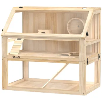 PawHut Cusca pentru hamster/rozatoare cu 3 niveluri, fund detasabil 31 cm adancime, casuta, leagan, 80x50x76cm, finisaj lemn natural | Aosom Romania imagine