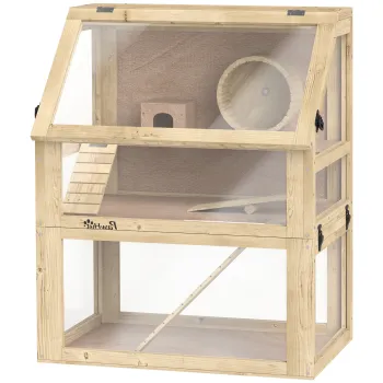 PawHut Cusca pentru hamster si rozatoare cu 3 nivele, fund detasabil, casuta, leagan, 60x40x75 cm, finisaj lemn natural | Aosom Romania imagine