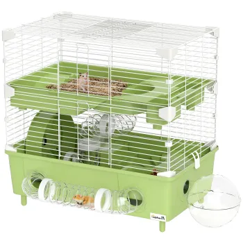 PawHut Cusca pentru Hamsteri cu 2 Niveluri si 3 Usi cu Roata si Tuburi Verde si Alb | Aosom Romania imagine