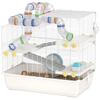 PawHut Cusca pentru Hamsteri cu 4 Niveluri, Tuburi, Roata, 3 Usi si Tava, 78x45x73 cm, Alb | Aosom Romania imagine