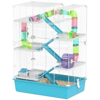 PawHut Cusca pentru Hamsteri cu 6 Nivele, Tuneluri, Casuta, Sticla de Apa, Rampe, 2 Usi si Roata, 58x36x81 cm, Albastru | Aosom Romania imagine