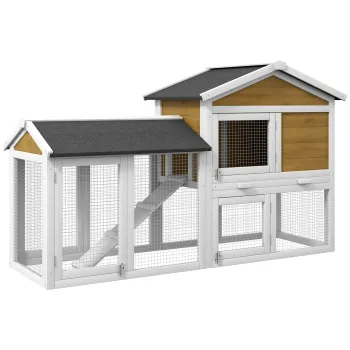 PawHut Cusca pentru iepuri 2 niveluri Cusca din lemn Cusca pentru iepuri cu acoperis bituminos Tarc de alergare Rampa Usi 147x54x84 cm Galben | Aosom Romania imagine