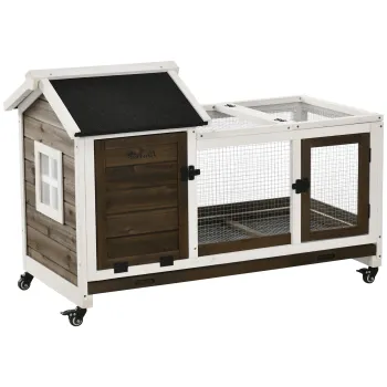 PawHut Cusca pentru Iepuri din Lemn cu Roti, Acoperis Rabatabil, Usi si Tava Detasabila, 108x58x73.5 cm, Maro | Aosom Romania imagine