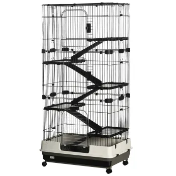 PawHut Cusca pentru iepuri tarc cu 5 niveluri cu 3 usi 5 rampe tava detasabila roti 81 x 52,5 x 159 cm negru si gri | Aosom Romania imagine