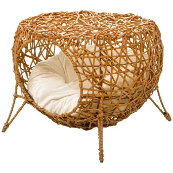 PawHut Cusca pentru pisica pat pentru pisica cutie pentru pisica casa de pisica din rachita cu perna groasa O 40 x 32 cm maro deschis | Aosom Romania imagine