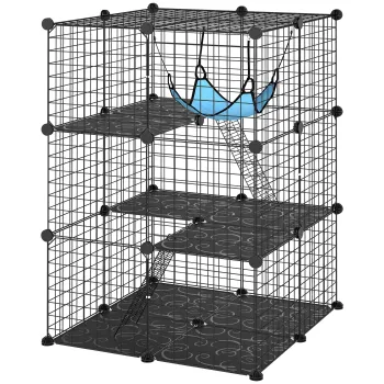 PawHut Cusca pentru Pisici 105 cm de Interior, Recinto din Otel cu 3 Usi, Design Personalizabil DIY pentru Pisoi, Spatiu pe 3 Niveluri cu Scari, Hamac si Platforma, Negru | Aosom Romania imagine