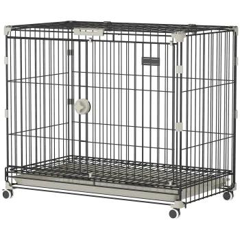 PawHut Cusca pliabila pentru caini, Tava detasabila, Roti cu frane, Acoperis rabatabil, Usa de hranire, 75,5x46x64,5cm, Negru | Aosom Romania imagine