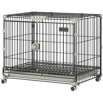 PawHut Cusca pliabila pentru caini, Tava detasabila, Roti cu frane, Acoperis rabatabil, Usa pentru hranire, 60,5x45,5x54,5cm, Negru | Aosom Romania imagine