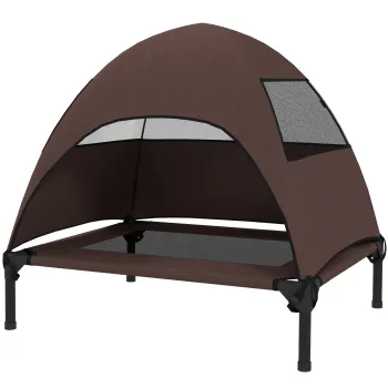 PawHut Cuseta pentru caini de exterior cu acoperis, pat ridicat pentru caini de talie medie, 76 x 61 x 71cm, Cafea | Aosom Romania imagine