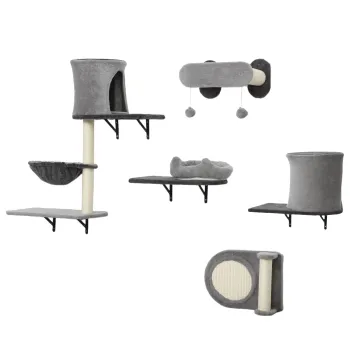 PawHut Etajere murale pentru pisici copac de perete 5 piese 2 custi hamac platforme zgarietori din sisal gri | Aosom Romania imagine