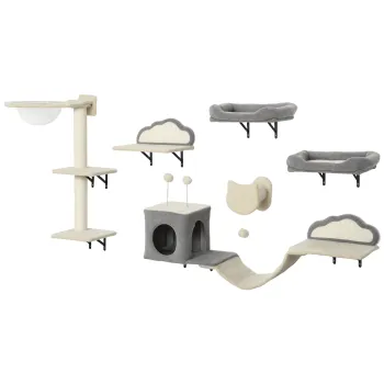 PawHut Etajere murale pentru pisici set mobilier de perete 6 piese hamac cu bula acrilica cusca hamac scara bej | Aosom Romania imagine