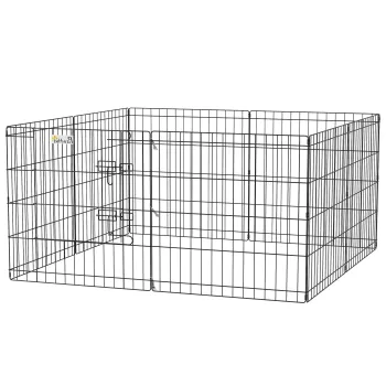 PawHut Gard pentru Caini de Exterior si Interior, Imprejmuire Cutie pentru Caini si Catei cu 8 Panouri din Plasa si Usa 61 x 61cm, Negru imagine