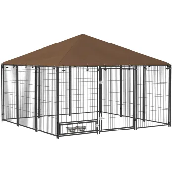 PawHut Gard pentru Caini din Metal cu Usa pentru Bol, Gard pentru Caini pentru Exterior cu Husa din Textil Oxford, 211x211x151 cm, Negru si Maro imagine