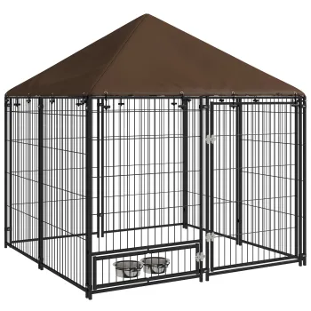PawHut Gard pentru Caini din Metal cu Usa pentru Boluri, Gard pentru Caini de Exterior cu Acoperis, 141x141x151 cm, Negru si Maro imagine