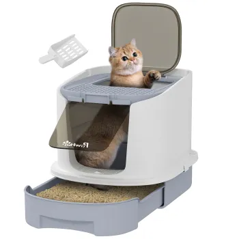 PawHut Litiera Inchisa pentru Pisici cu 2 Usi si Tava Detasabila, 40,5x52,5x42,5 cm, Gri | Aosom Romania imagine