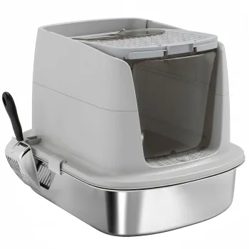 PawHut Litiera inchisa pentru pisici din otel inoxidabil cu capac rabatabil, usa dubla, lopatica, gri deschis | Aosom Romania imagine