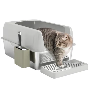 PawHut Litiera pentru Pisici din Otel Inoxidabil cu Lopatica Metalica, Covoras si Margini Inalte, 60x41x29 cm, Gri | Aosom Romania imagine