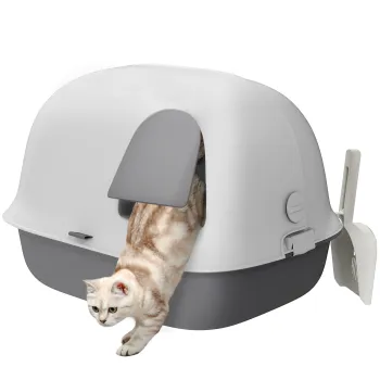 PawHut Litiera pentru Pisici Inchisa cu Capac, Lopatica si Usa din PP, 58x46x39 cm, Gri Deschis | Aosom Romania imagine