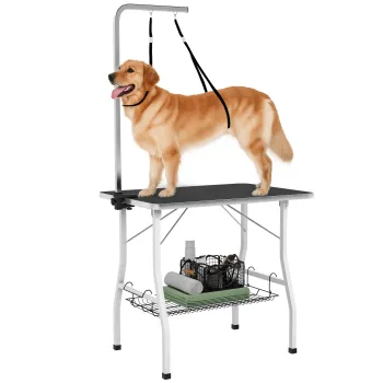 PawHut Masa de Ingrijire pentru Caini, Masa de Tuns cu brat reglabil, spatiu de depozitare, suprafata din cauciuc, 90 x 60 x 76 cm, Negru | Aosom Romania imagine