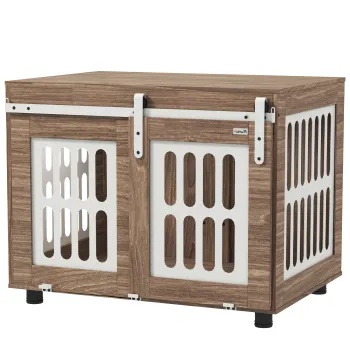 PawHut Meuble cusca pentru caini cu usa glisanta, casa pentru caini de talie medie, masa de cafea, 80 x 59 x 63 cm, nuc | Aosom Romania imagine