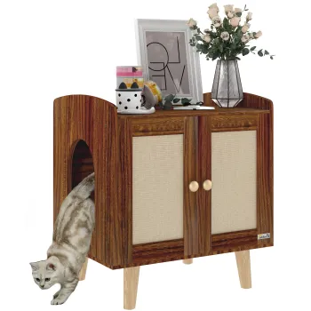 PawHut Mobilier nisip pentru pisici masa auxiliara cu usi cu covorase din sisal pentru salon dormitor 55x43x59,6 cm Masliniu | Aosom Romania imagine