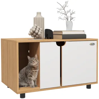 PawHut Mobilier pentru litiera, casa de toaleta pe picioare pentru pisici 2 in 1, usi, stil scandinav 80 x 48 x 48 cm natural si alb | Aosom Romania imagine