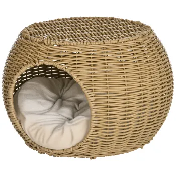 PawHut Niche cos casa pentru pisici 2 etaje din rasina impletita aspect rachita cu 1 perna moale O 40 x 30 cm maro deschis | Aosom Romania imagine