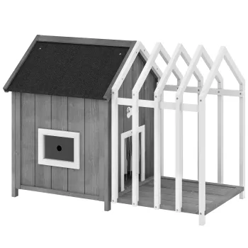 PawHut Niche pentru caine de exterior din lemn casa pentru caine de exterior cu terasa, usa cu placi, 106 x 62,5 x 80,5 cm, gri | Aosom Romania imagine