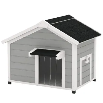 PawHut Niche pentru caini exterioara din lemn masiv casa pentru caini cu acoperis deschis cort de usa 95 x 68 x 76 cm gri deschis | Aosom Romania imagine