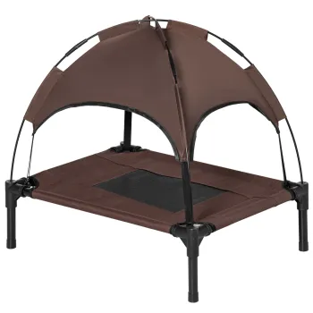 PawHut Pat de Caine Inaltat Impermeabil pentru Animale de Companie cu Plasa Respirabila, Baldachin de Protectie UV, pentru Caini Mici, 61x46x62 cm, Maro | Aosom Romania imagine