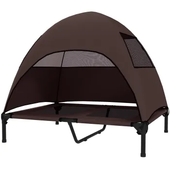 PawHut Pat de exterior pentru caini cu acoperis, pat inaltat pentru caini mari, 91 x 76 x 90 cm, Cafea | Aosom Romania imagine
