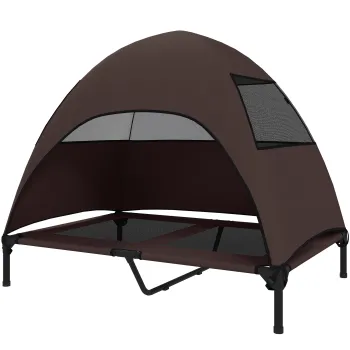 PawHut Pat exterior pentru caini cu acoperis, Pat ridicat pentru caini mari, 106 x 76 x 99 cm, Cafea | Aosom Romania imagine